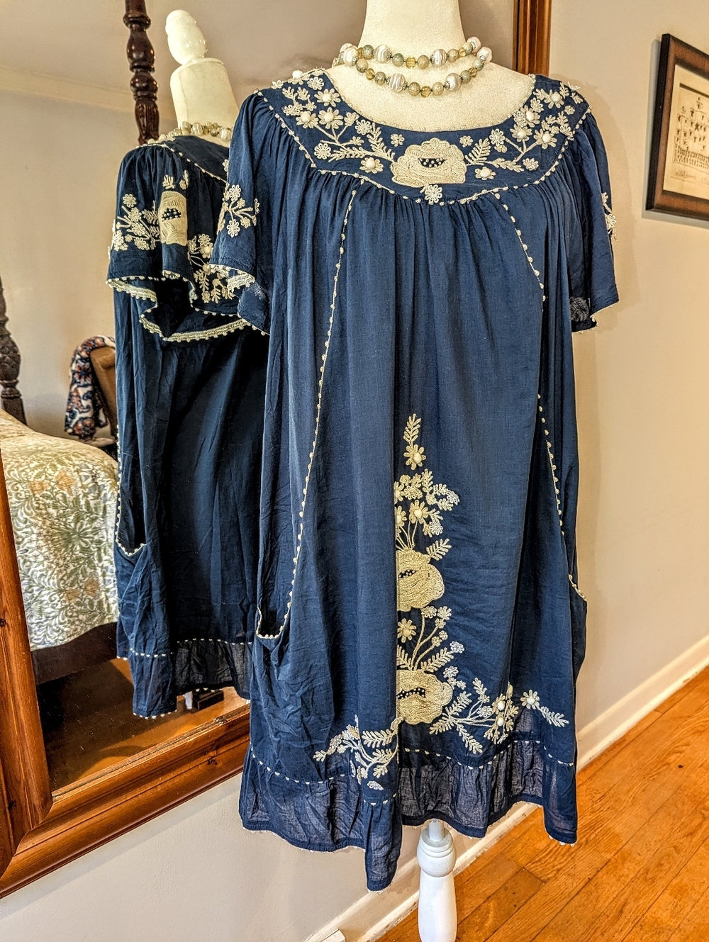 Embroidered Navy Boho Tunic Dress with Cream Floral Detail
